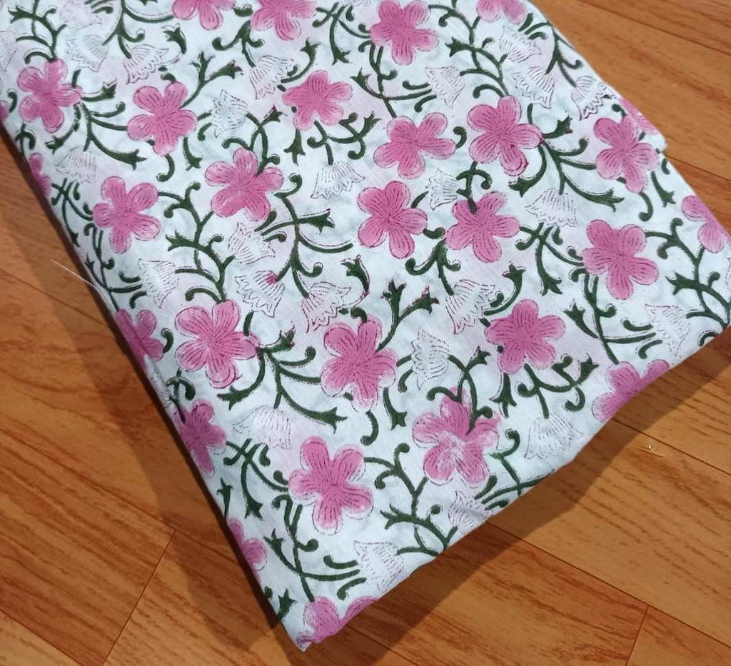 Pink Red Designer Hand Block Print Fabric, Floral 100% Cotton Quilting Fabric By The Yard, Fabric For Dress Making, Loose Running Fabric