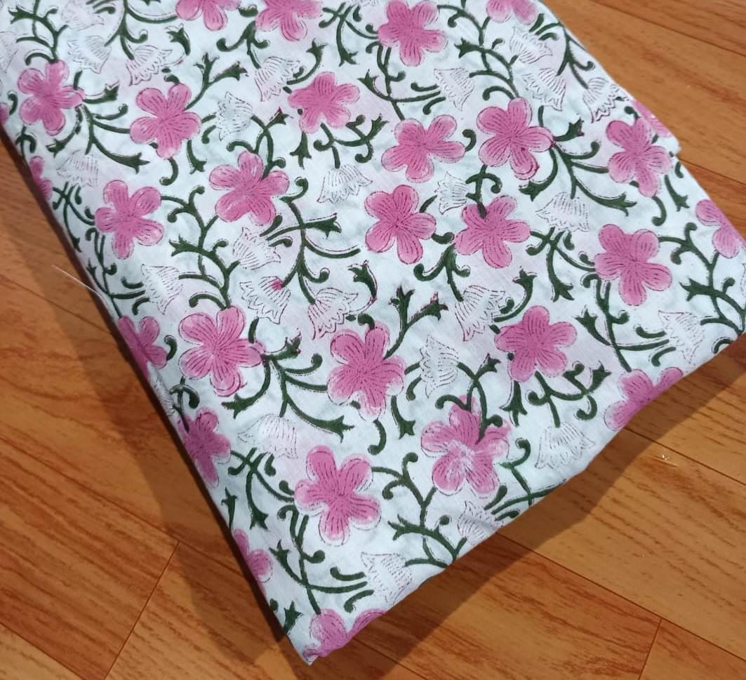 Pink Red Designer Hand Block Print Fabric, Floral 100% Cotton Quilting Fabric By The Yard, Fabric For Dress Making, Loose Running Fabric