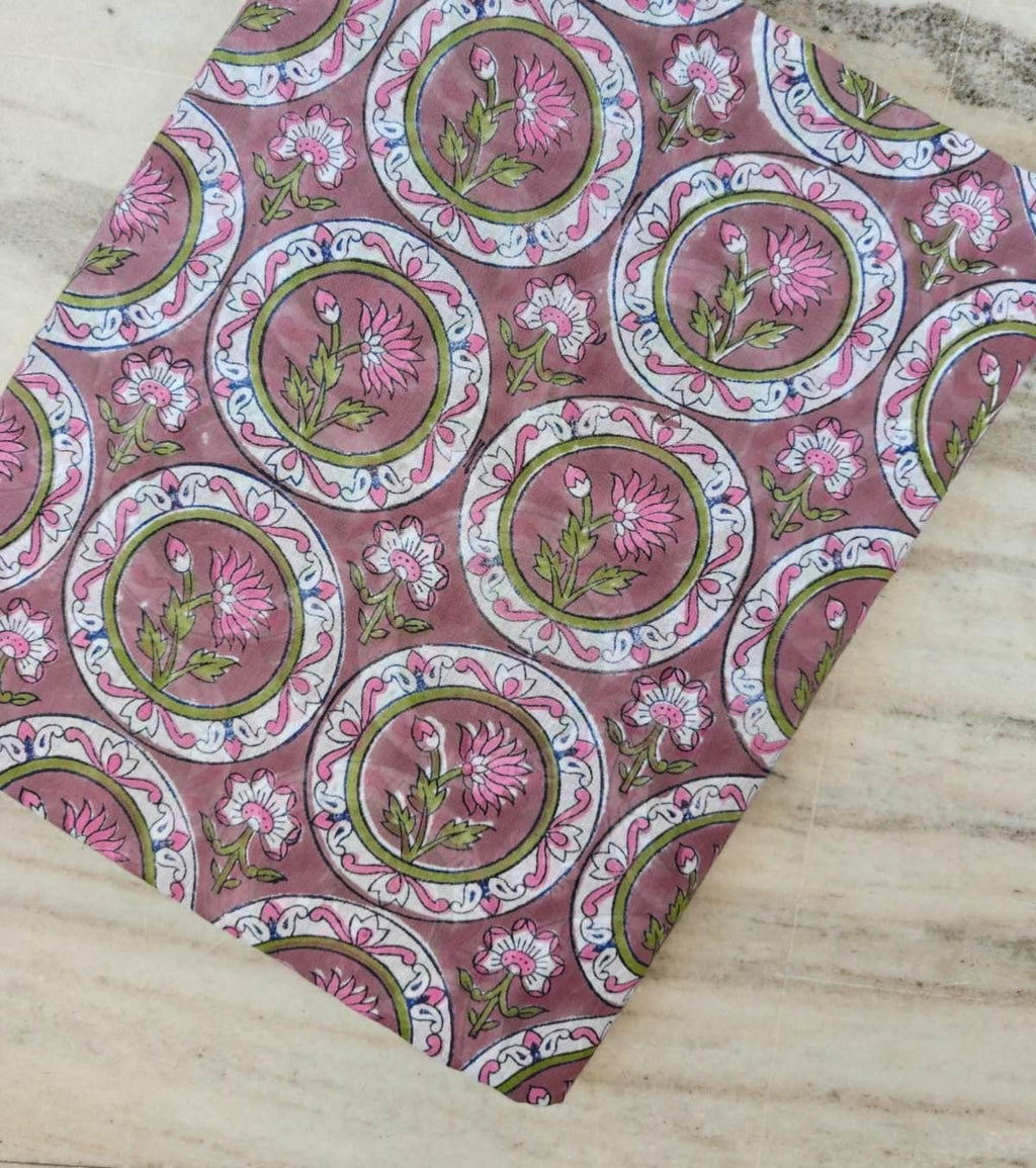 Pink Floral Block Print Cotton Fabric | Indian Hand Block Printed Fabric | Dusty Rose Flower Cotton by Yard | Quilting Sewing Craft Fabric