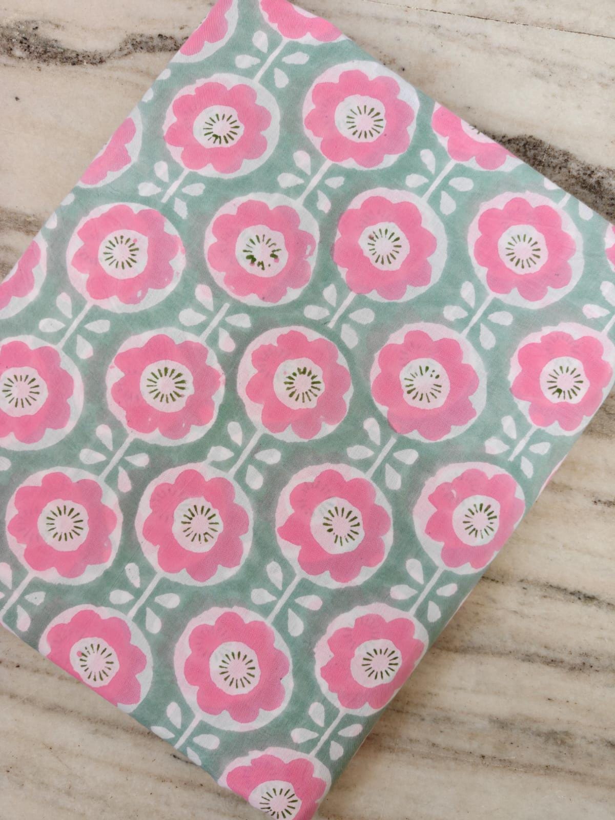 Pink Floral Cotton Fabric, Mint Green Flower Print Fabric, Block Print Fabric, Soft Cotton Fabric by Yard, Summer Dress Fabric, Home Decor