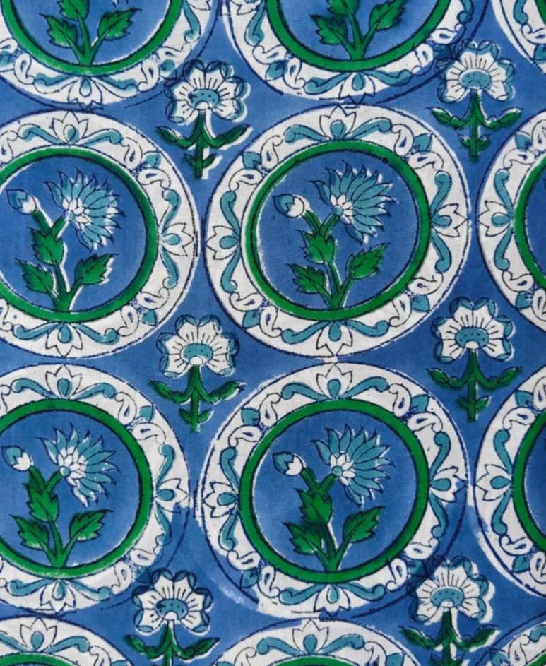 Hand Block Printed Cotton Fabric in Blue & Green Floral Design, Indian Cotton Fabric for Quilting, Dressmaking, Home Decor, Bohemian Textile