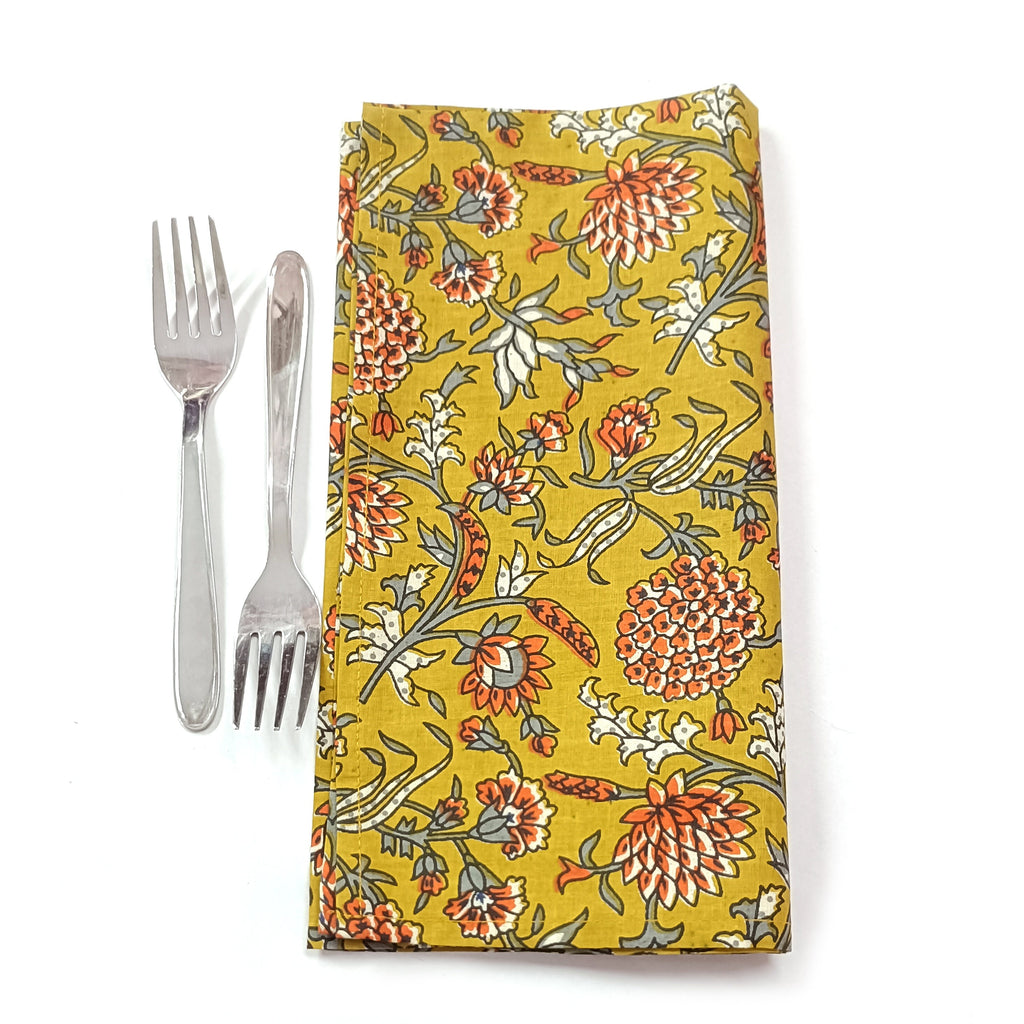 Yellow Floral Block Print Cotton Napkins: Scalloped Dinner Napkins (Set of 4)