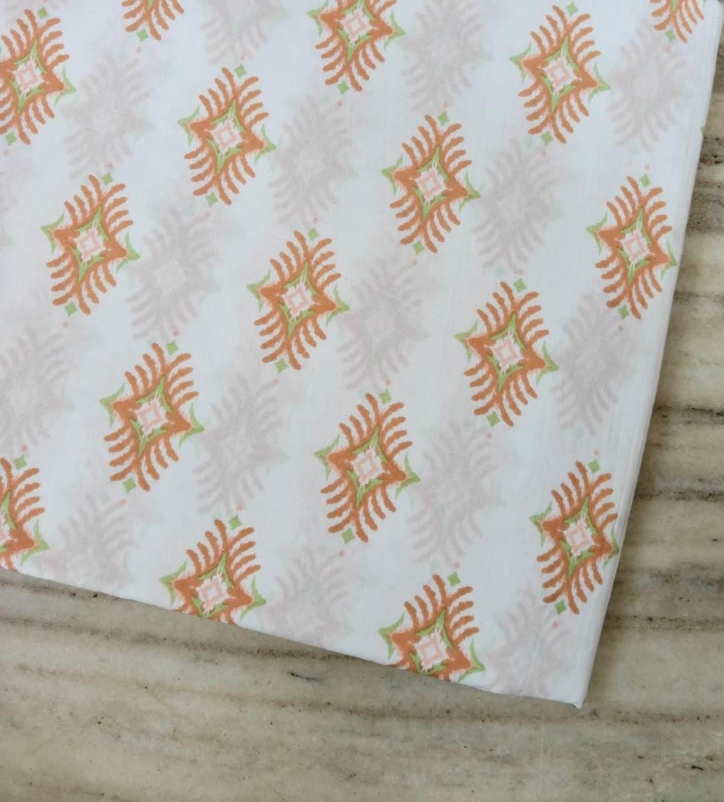 Peach Green Block Print Cotton Fabric, Geometric Floral Indian Cotton, Soft Lightweight Fabric for Sewing, Dressmaking Fabric By The Yard