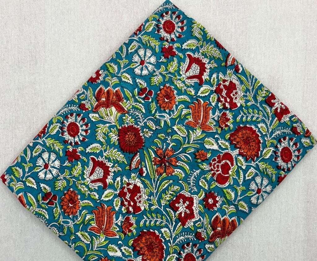 Teal Floral Cotton Fabric, Indian Hand Block Print Fabric by Yard, Red Orange Flower Sanganeri Fabric, Dressmaking Quilting Craft Textile