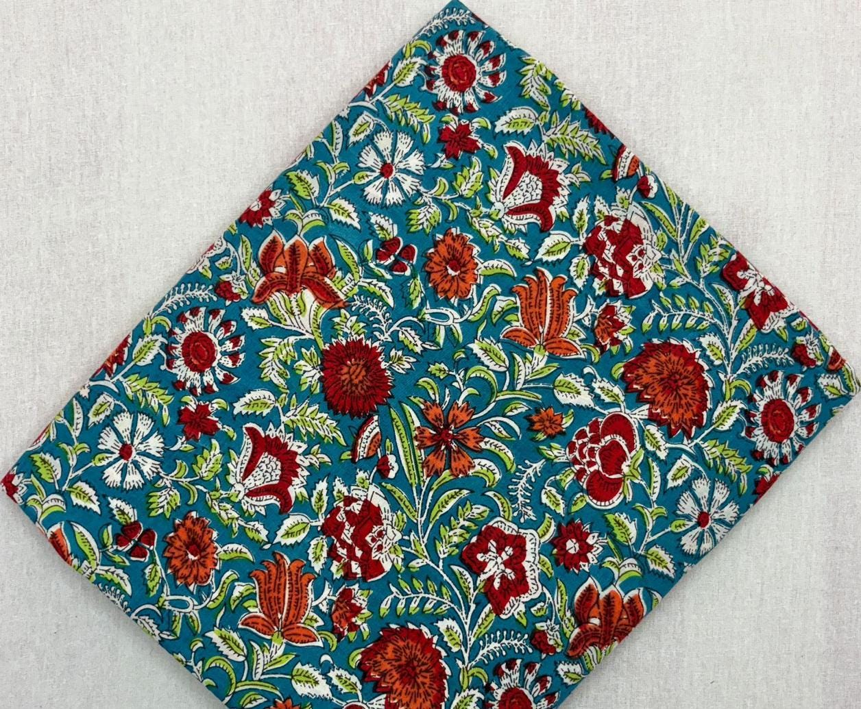 Teal Floral Cotton Fabric, Indian Hand Block Print Fabric by Yard, Red Orange Flower Sanganeri Fabric, Dressmaking Quilting Craft Textile