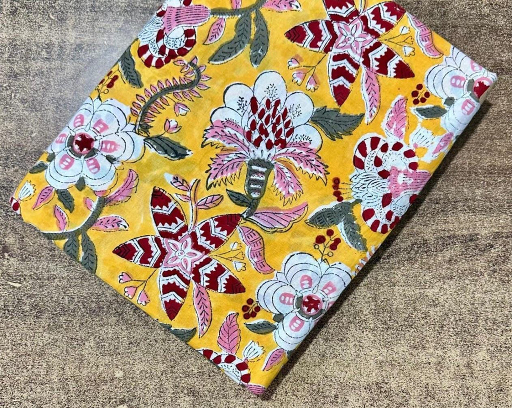 Yellow Floral Hand Block Print Cotton Fabric – Indian Cotton Fabric by Yard, Boho Flower Print Dressmaking & Quilting Fabric, Curtain Fabric