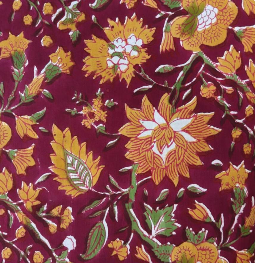 Maroon Yellow & Green Indian Hand Block Print Fabric, 100% Cotton Quilting Fabric By The Yard, Fabric For Dress Making, Loose Running Fabric