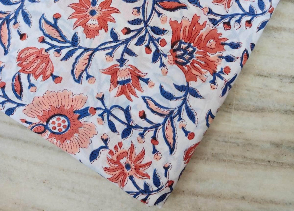 Blue Floral Cotton Fabric by Yard | Red Flower and White Base Hand Block Print | Indian Soft Cotton for Quilting, Dressmaking, Sewing Crafts