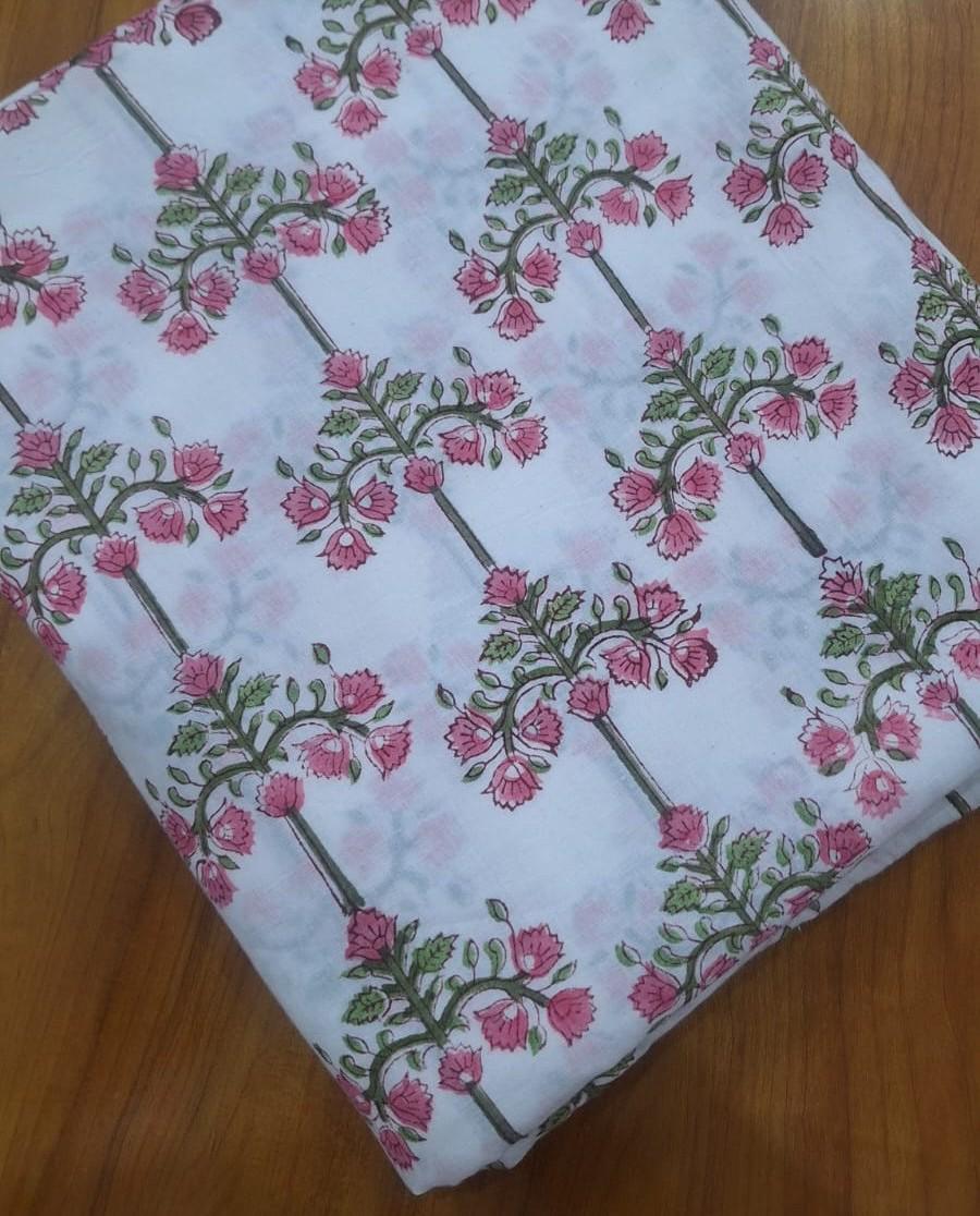 Pink Floral Cotton Fabric, Hand Block Print Fabric, Indian Floral Fabric by Yard, Soft Cotton Craft Fabric, Sewing Quilting Fabric, Napkins