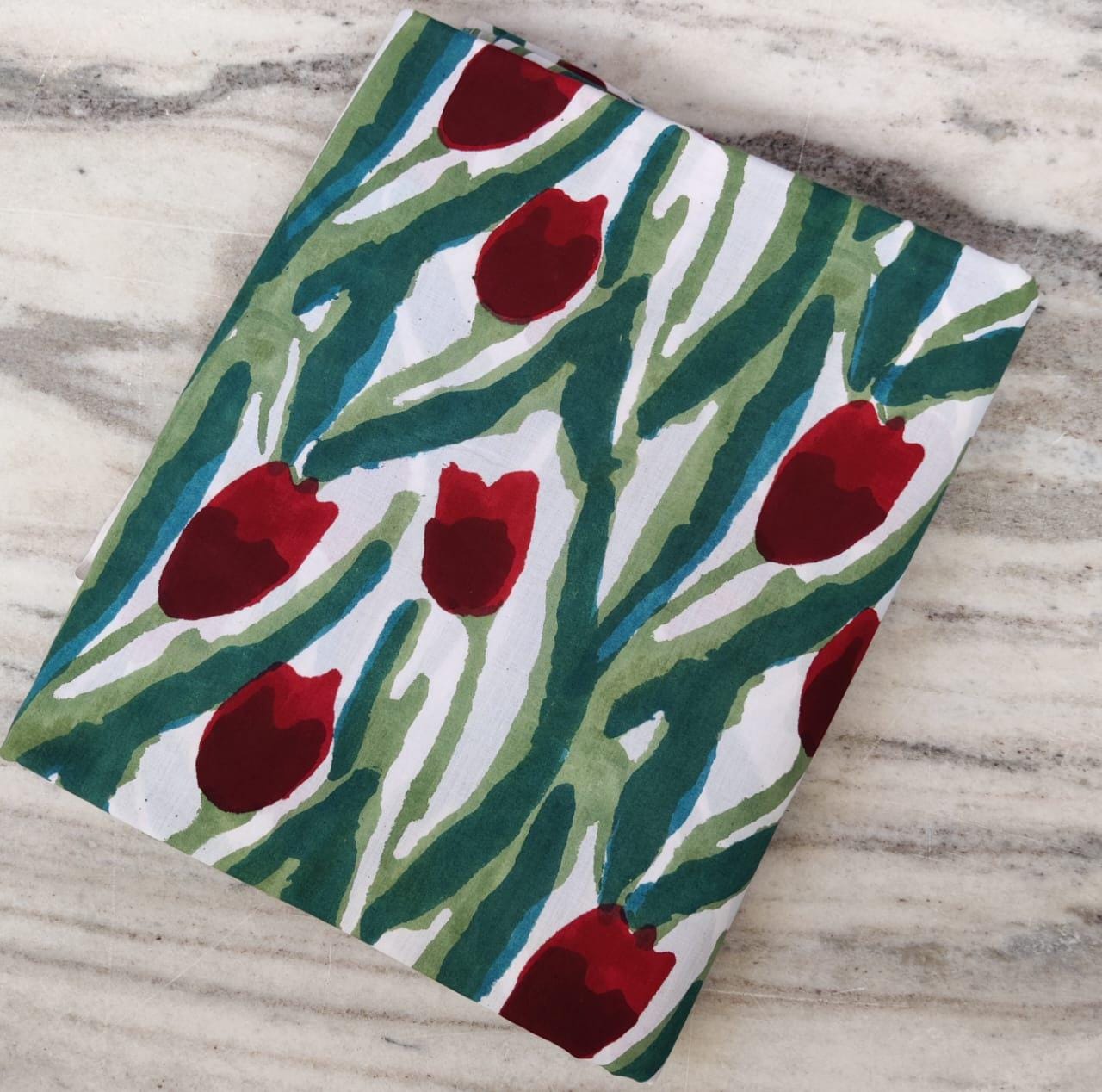 Hand Block Printed Fabric Soft Fabric, Red Flowers 100% Cotton Material Fabric By The Yard, Dress Making Running Fabric, Apparel Quilting