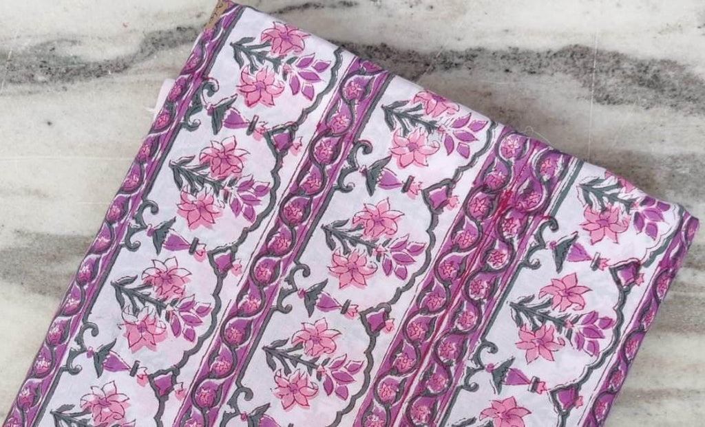 Pink Geometric Floral Cotton Fabric by the Yard, Hand Block Print Fabric, Quilting, Dressmaking, Sewing, Craft Cotton, Handmade Fabric
