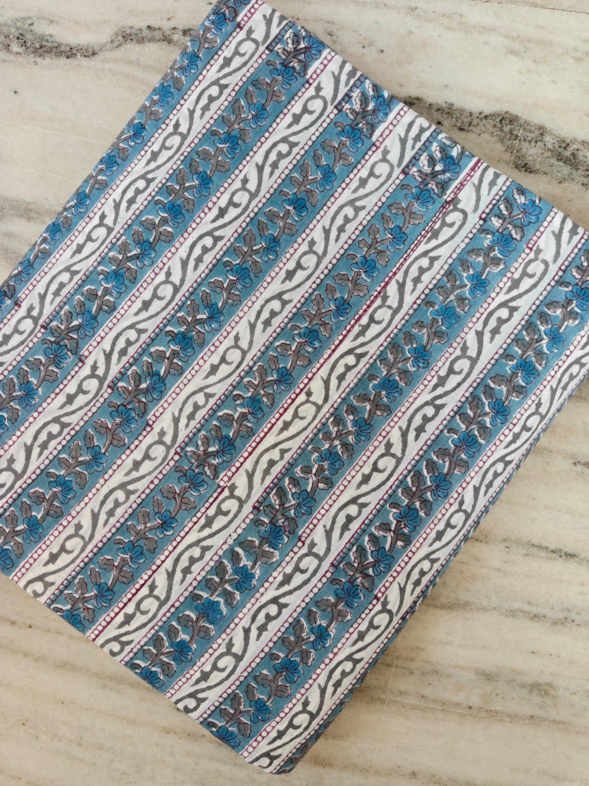 Blue Floral Stripe Cotton Fabric – Indian Block Print Style – Teal & Grey Vine Print – Quilting, Dressmaking  Craft Fabric by the Yard