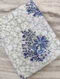 Blue Floral Hand Block Print Cotton Fabric, Soft Indian Fabric by the Yard, White & Sage Green Background, Quilting, Dressmaking, Gift Ideas