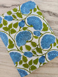 Blue Floral Cotton Fabric, Hand Block Print Indian Cotton White Background with Green Vines Quilting, Dressmaking & Craft Fabric by the Yard