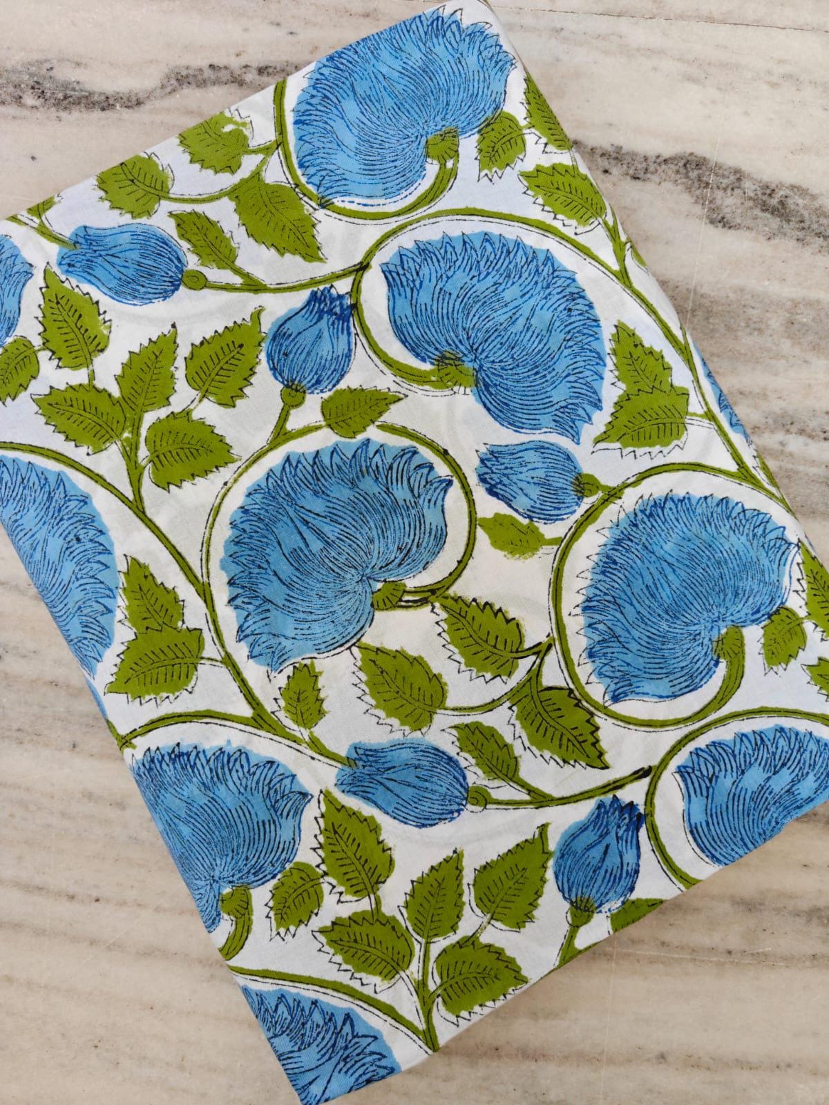 Blue Floral Cotton Fabric, Hand Block Print Indian Cotton White Background with Green Vines Quilting, Dressmaking & Craft Fabric by the Yard