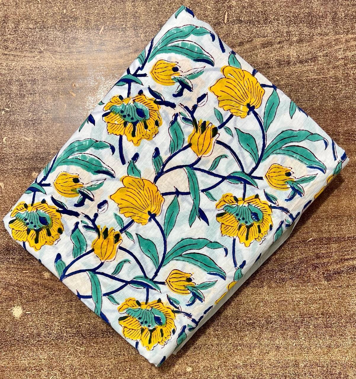Yellow Floral Cotton Fabric by the Yard, White Printed Cotton Fabric, Quilting Fabric, Boho Home Decor & Dressmaking Fabric, Running Fabric