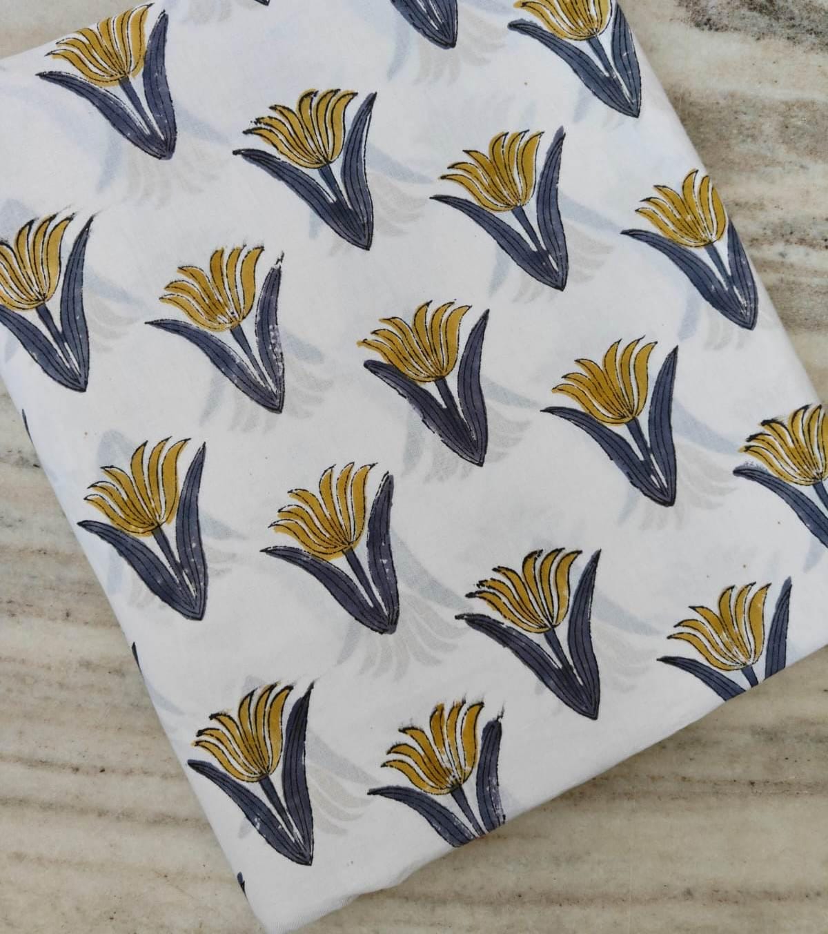 Mustard Yellow Floral Cotton Fabric, Minimalist Tulip Print, White Background Botanical Fabric, Modern Quilting Sewing Fabric By The Yard