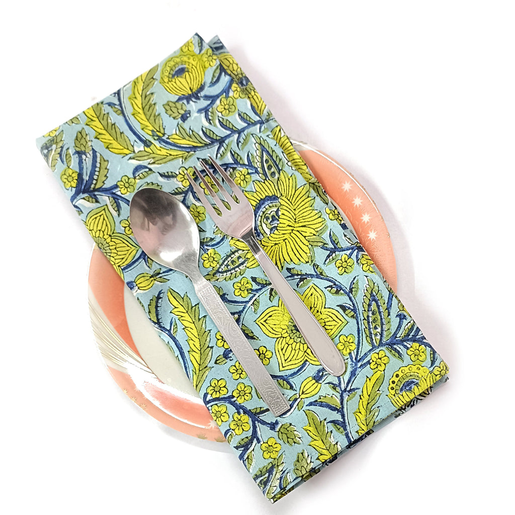 Handmade Organic Cotton Dinner Napkins: Floral Block Print, 20x20 Inches