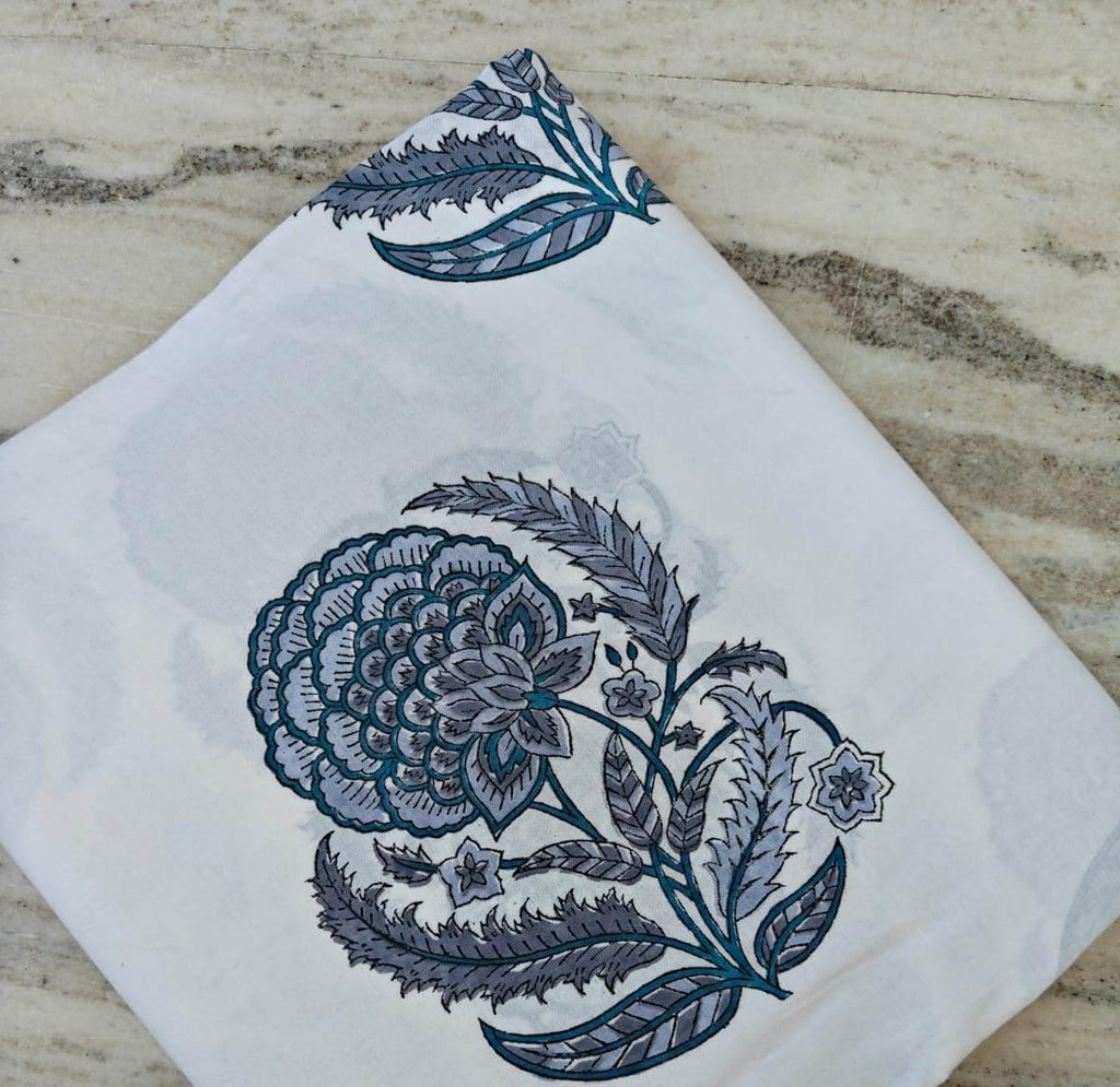 Indigo Blue Hand Block Print Cotton Fabric, White Floral Indian Fabric by the Yard, Soft Cotton for Quilting, Dressmaking, Running Fabric