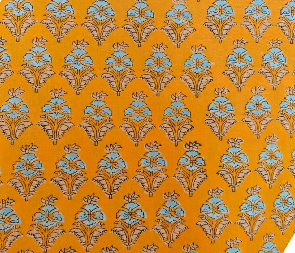 Soft Mustard Yellow Color Floral Block Print Cotton Fabric by the Yard, Indian Hand Printed Cotton, Boho Sewing Quilting Dress Making Fabric