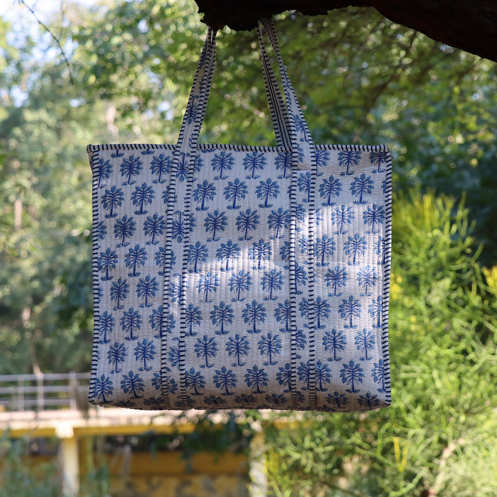 Handmade Quilted Cotton Tote Bag, Blue Block Print Shoulder Bag, Large Travel Beach Bag, Boho Shopping Bag, Reusable Eco Tote Gift for Her