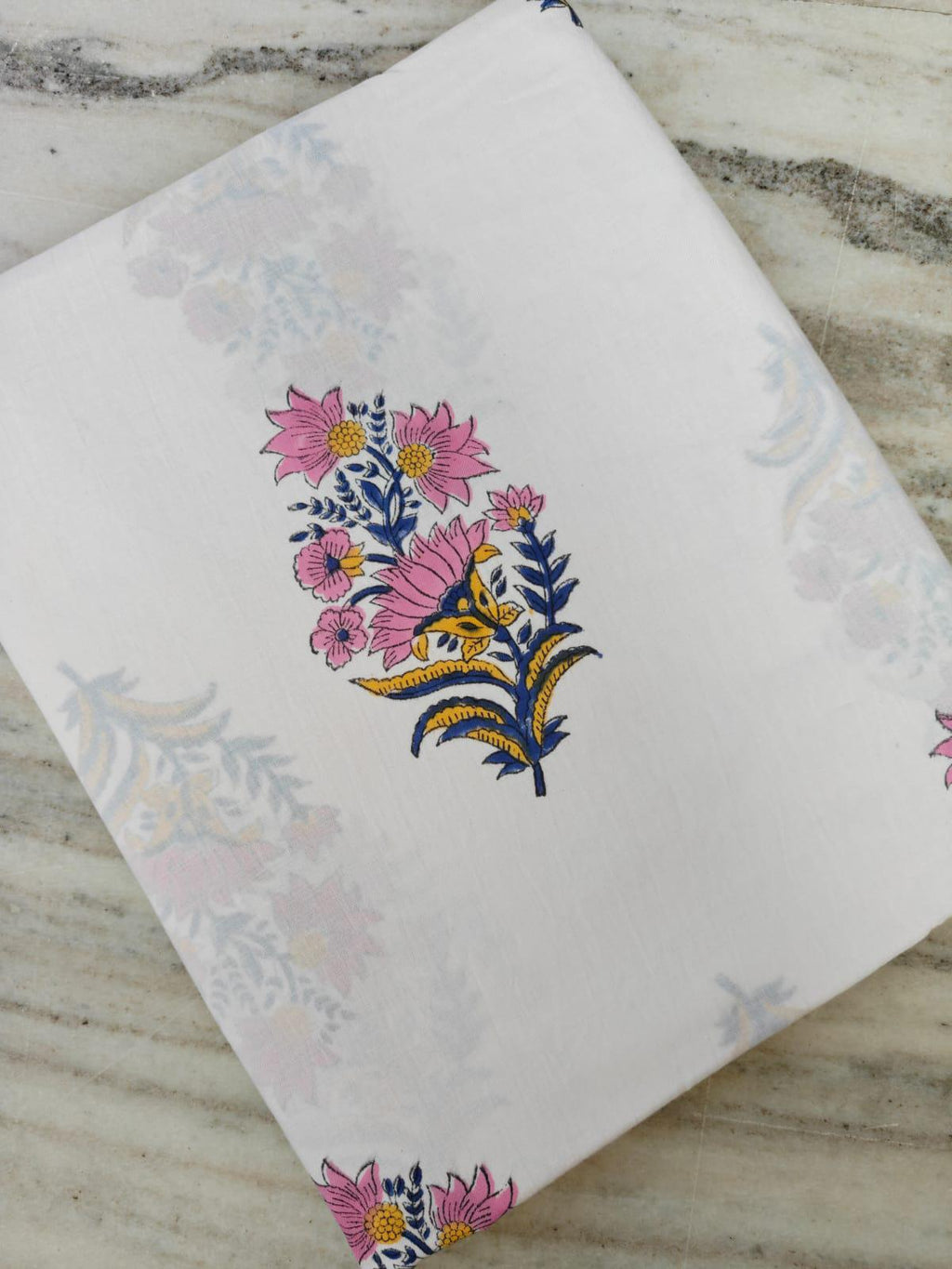 Pink Blue Floral Cotton Fabric by the Yard, White Botanical Print Fabric, Indian Block Print Style Fabric for Quilting & Dressmaking, Napkin