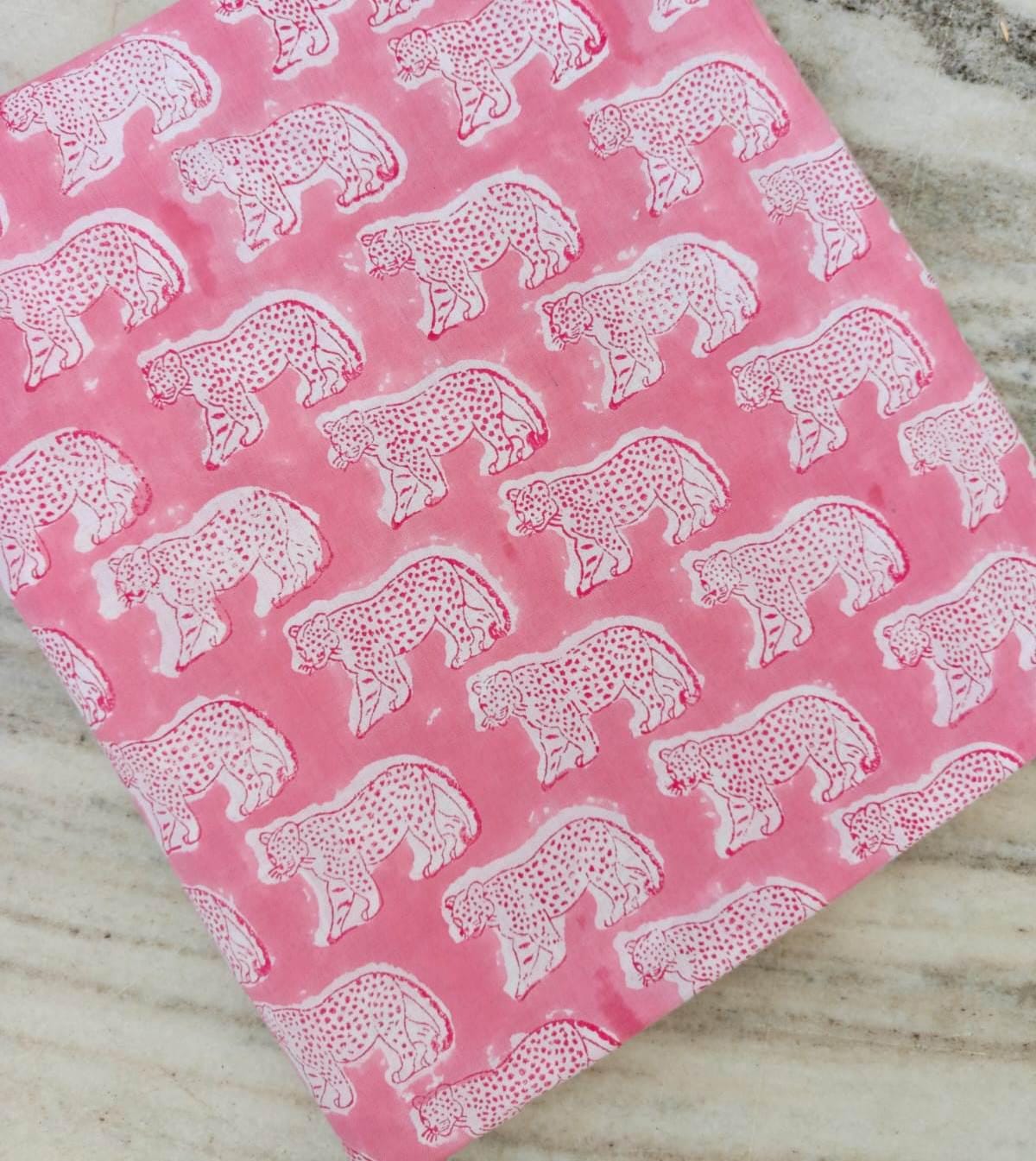 Pink Leopard Print Cotton Fabric by Yard, Hand Block Print Fabric, Animal Pattern Cotton Material, Sewing Craft Fabric, Baby Nursery Textile