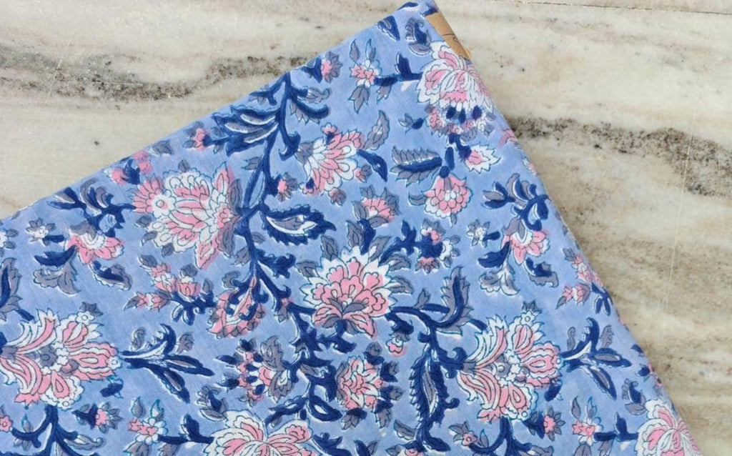Blue Indian Hand Block Print Fabric, Soft Floral 100% Cotton Quilting Fabric By The Yard, Fabric For Dress Making, Loose Running Fabric