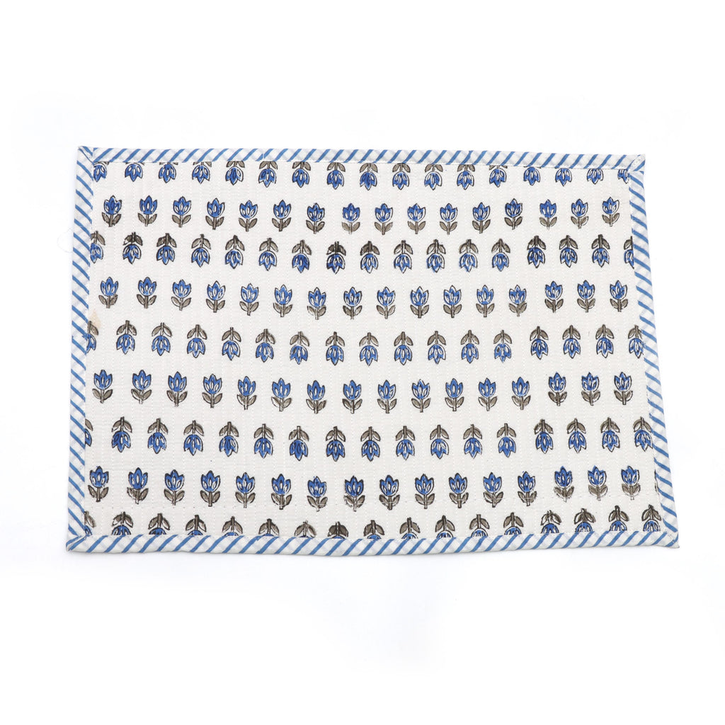 Handmade Blue Floral Hand Block Print Placemats, Quilted Cotton Table Mats, Scalloped Placemats, Kitchen & Table Decor Placemats, Gifts