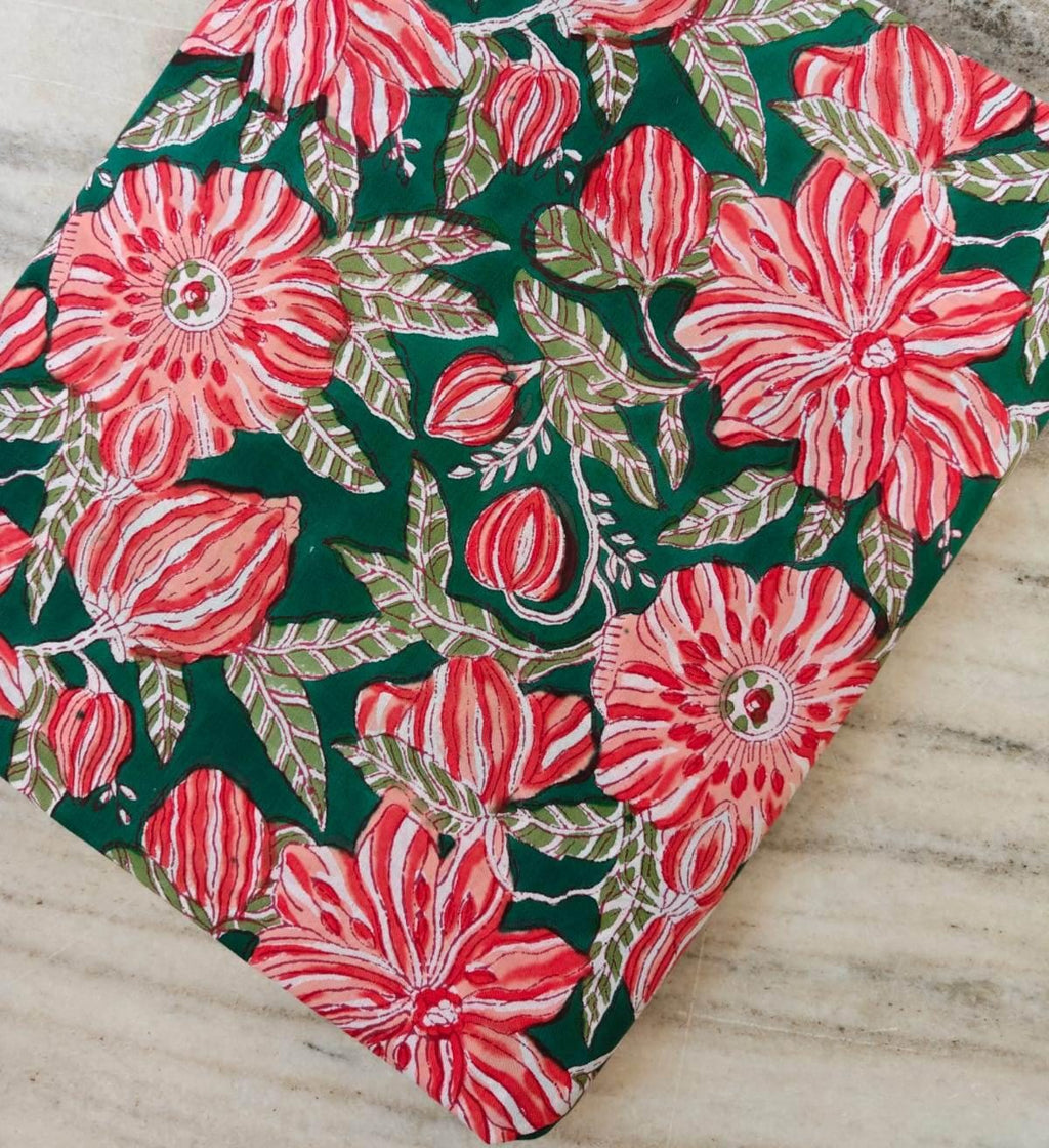 Green Red & Pink Indian Hand Block Print Fabric, 100% Cotton Quilting Fabric By The Yard, Fabric For Dress Making, Loose Running Fabric