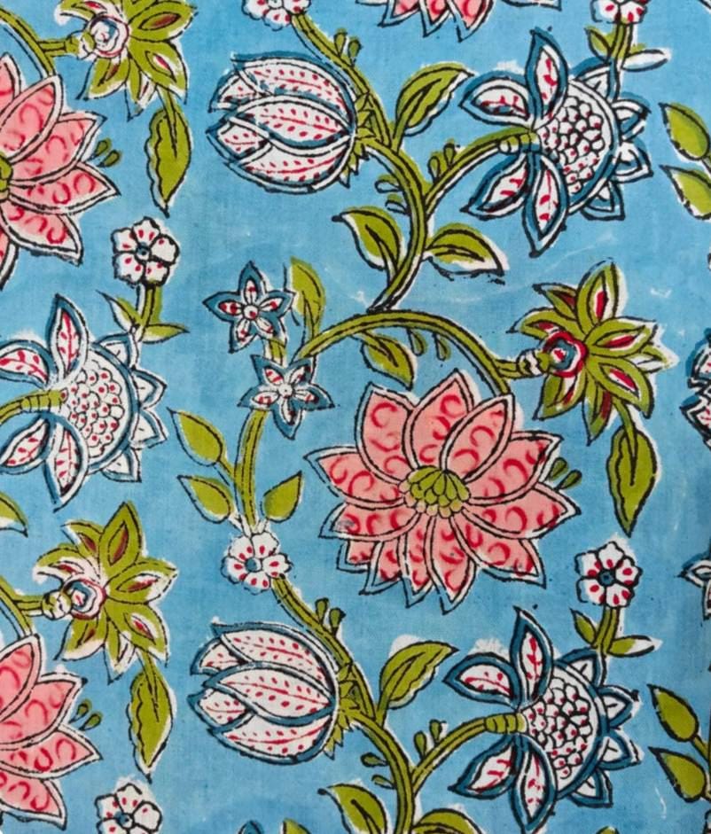 Blue Floral Cotton Fabric, Indian Block Print Fabric, Pink Lotus Flower Cotton by Yard, Hand Block Printed Fabric, Sewing Dressmaking Fabric