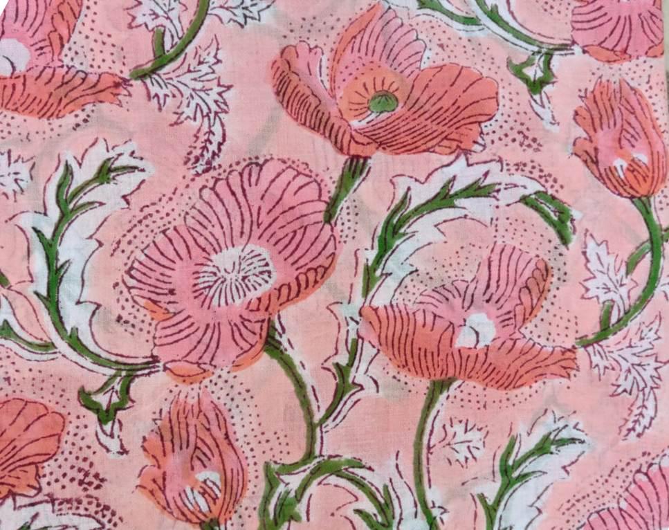 Pink Poppy Floral Cotton Fabric, Handblock Style Flower Print, Botanical Cotton Fabric, Quilting Sewing Material, Dressmaking & Craft Fabric