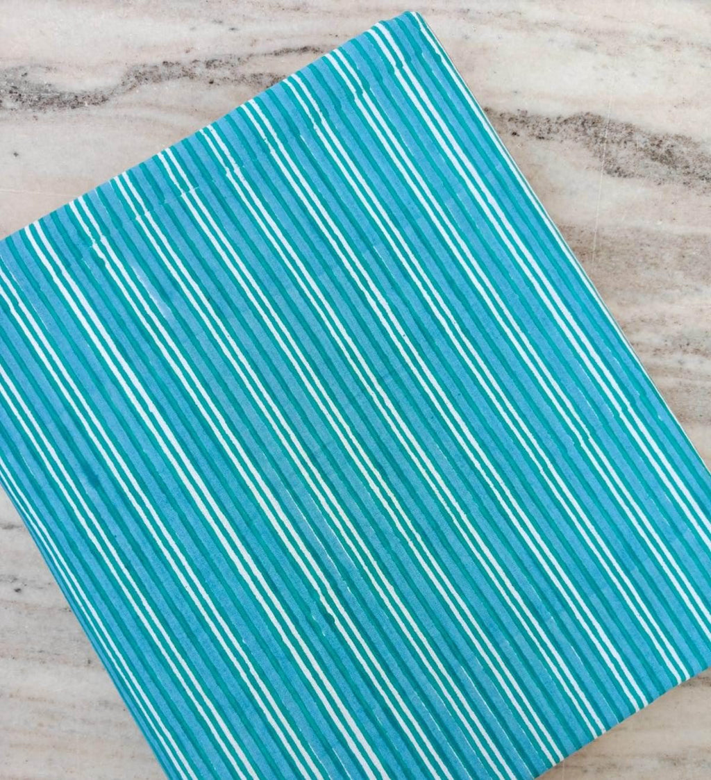 Turquoise Striped Cotton Fabric, Indian Hand Block Print Fabric, Teal Stripe Cotton by Yard, Boho Sewing Fabric, Dressmaking Quilting Fabric