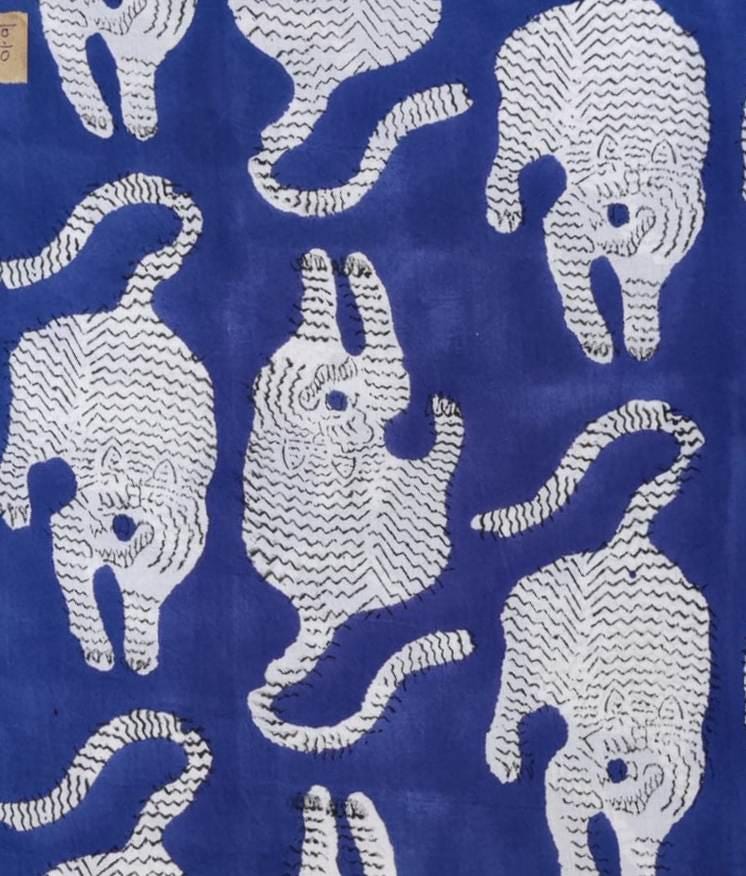 Blue Cat Print Cotton Fabric, Animal Pattern Soft Cotton by Yard, Hand Block Print Fabric for Quilting, Sewing, Dressmaking, Textile Fabric