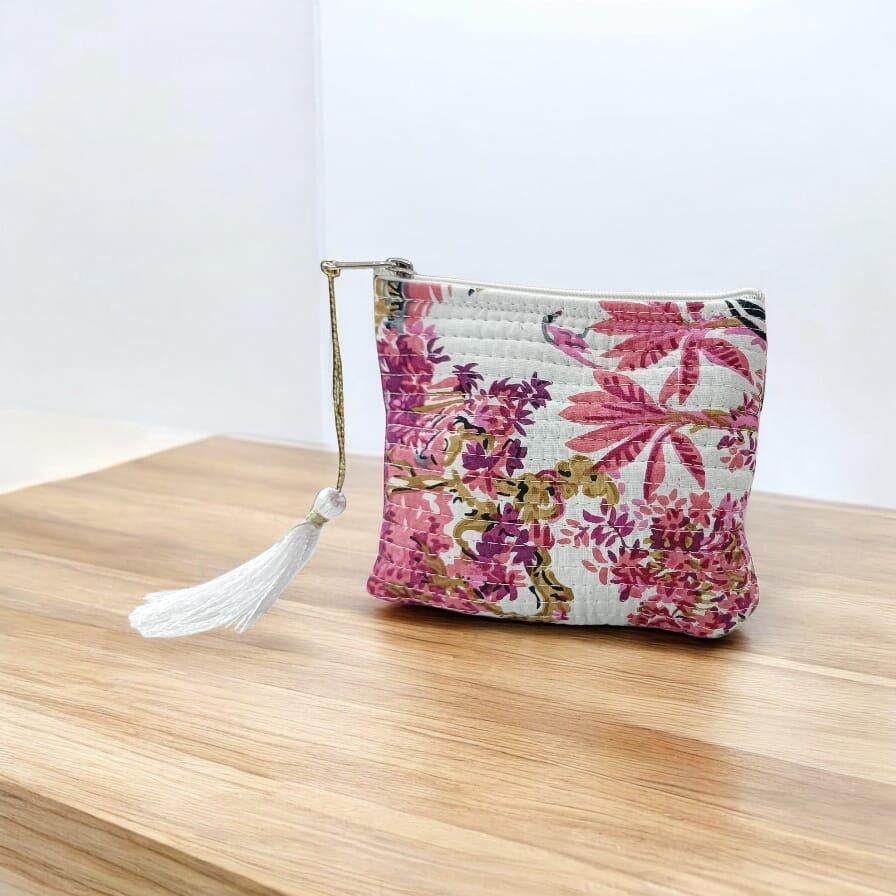 Hand-Stitched Floral Clutch – Quilted Zipper Pouch Gift for Her | Handmade Gift | Quilted Pouch With Tassel | Gift For Ideas