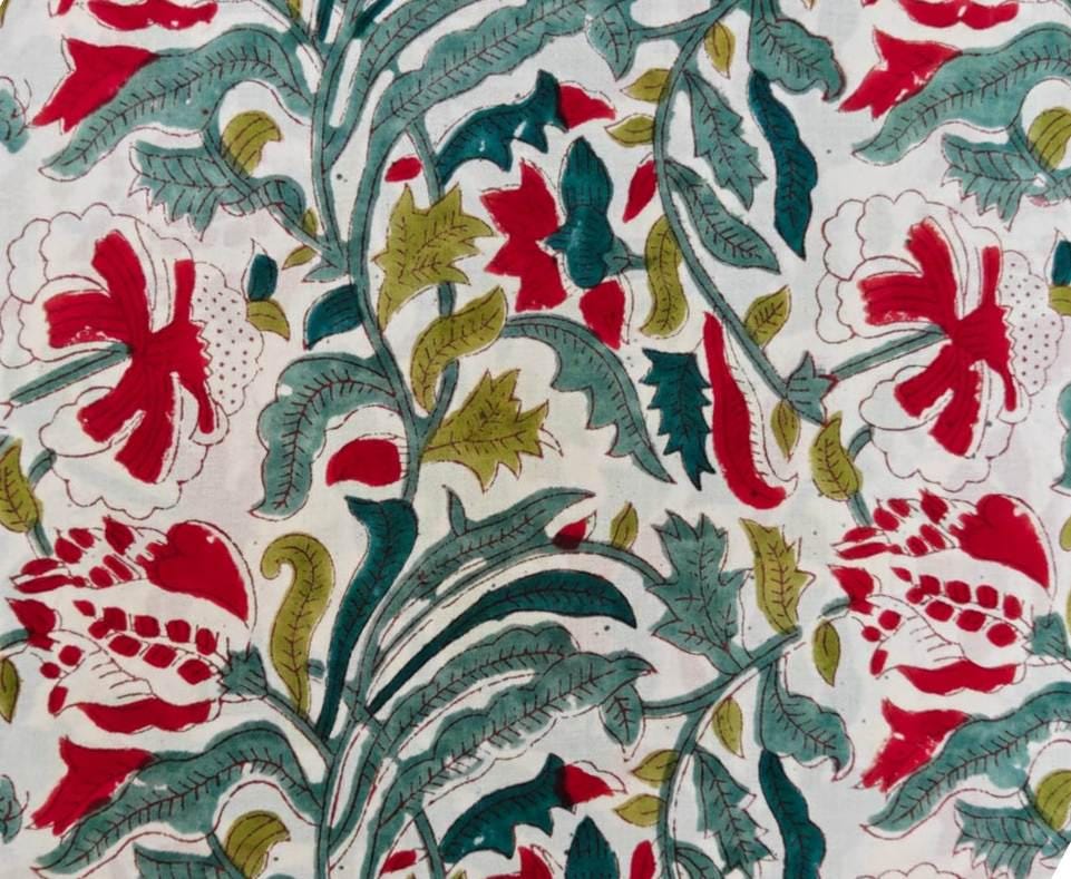 Hand Block Print Cotton Fabric, Red Floral Green Leaf Fabric, Indian Botanical Print Cotton, Soft Lightweight Sewing Fabric Dressmaking