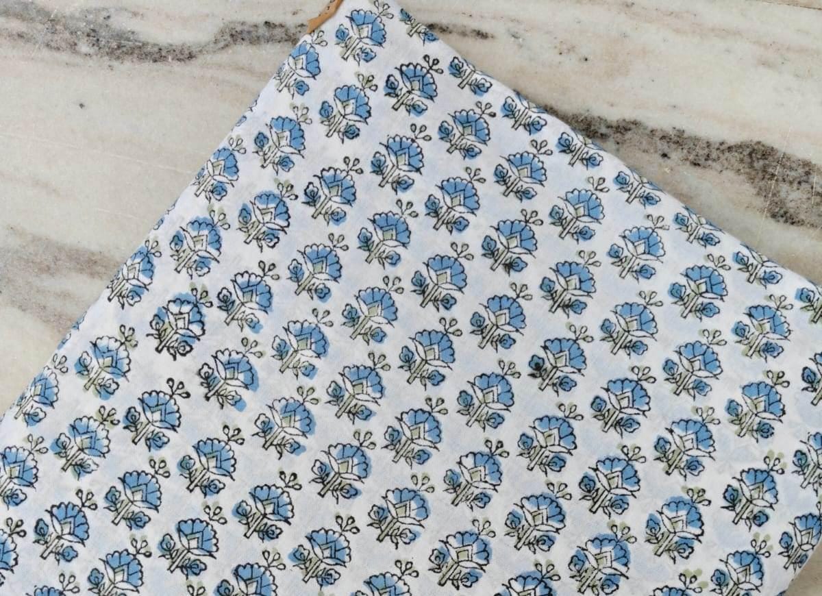 Soft Cotton, White Cotton Fabric with Small Blue Floral Print, Hand Block Print Cotton by the Yard, Fabric for Loose Running, Textile Fabric