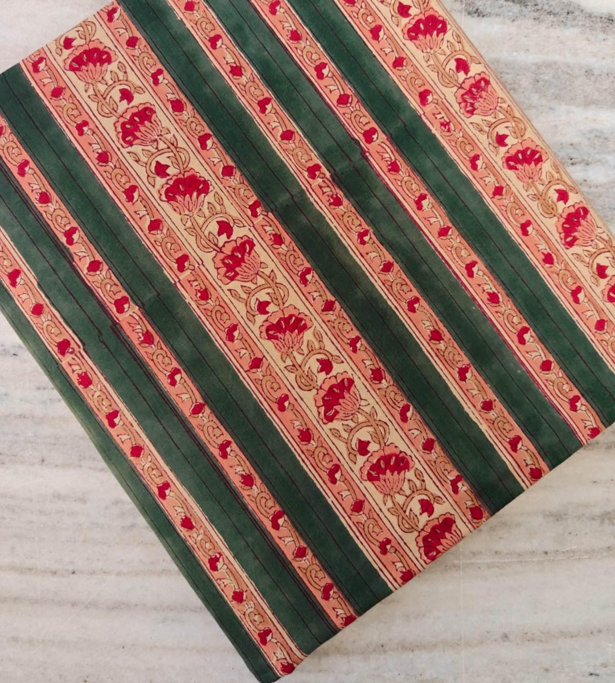 Green and Red Floral Striped Cotton Fabric, Traditional Indian Block Print Fabric, Handmade Cotton By The Yard Quilting & Craft Projects