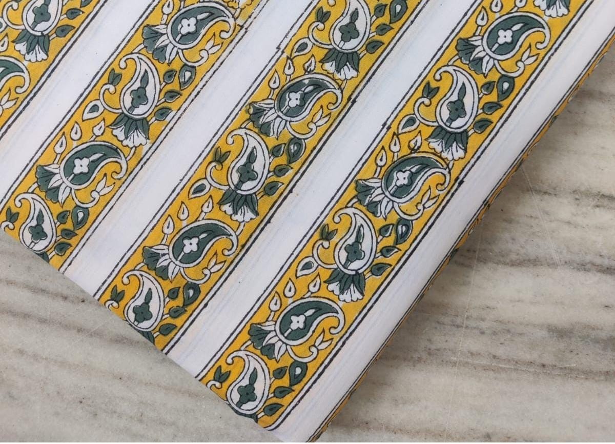White Cotton Fabric with Yellow Green Paisley Stripes, Indian Hand Block Print Fabric by the Yard, Soft Cotton Fabric, Dressmaking & Crafts