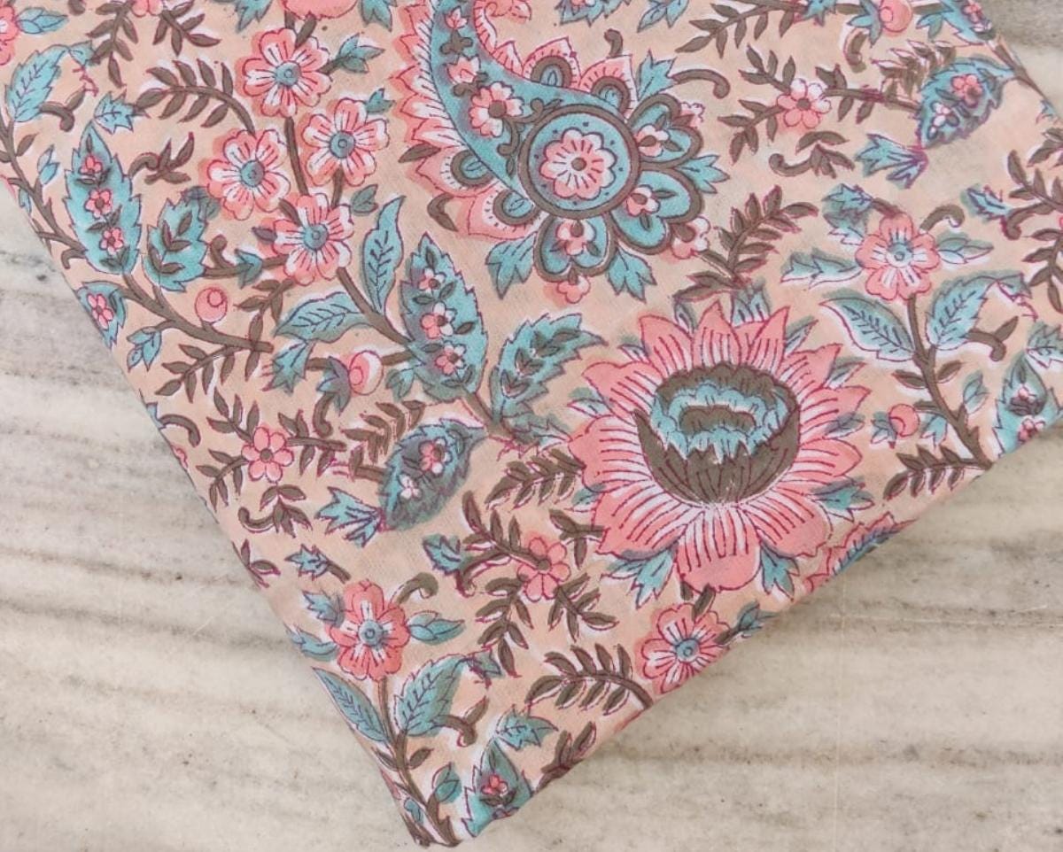 Pink Hand Block Print Cotton Fabric, Floral 100% Cotton Quilting Fabric By The Yard, Handmade Fabric, Loose Running Fabric, Textile Fabric
