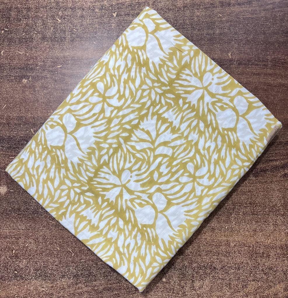 Mustard Yellow Floral Cotton Fabric, White Hand Block Print Cotton Fabric, Soft Cotton Fabric by Yard, Sewing Quilting Dressmaking Fabric