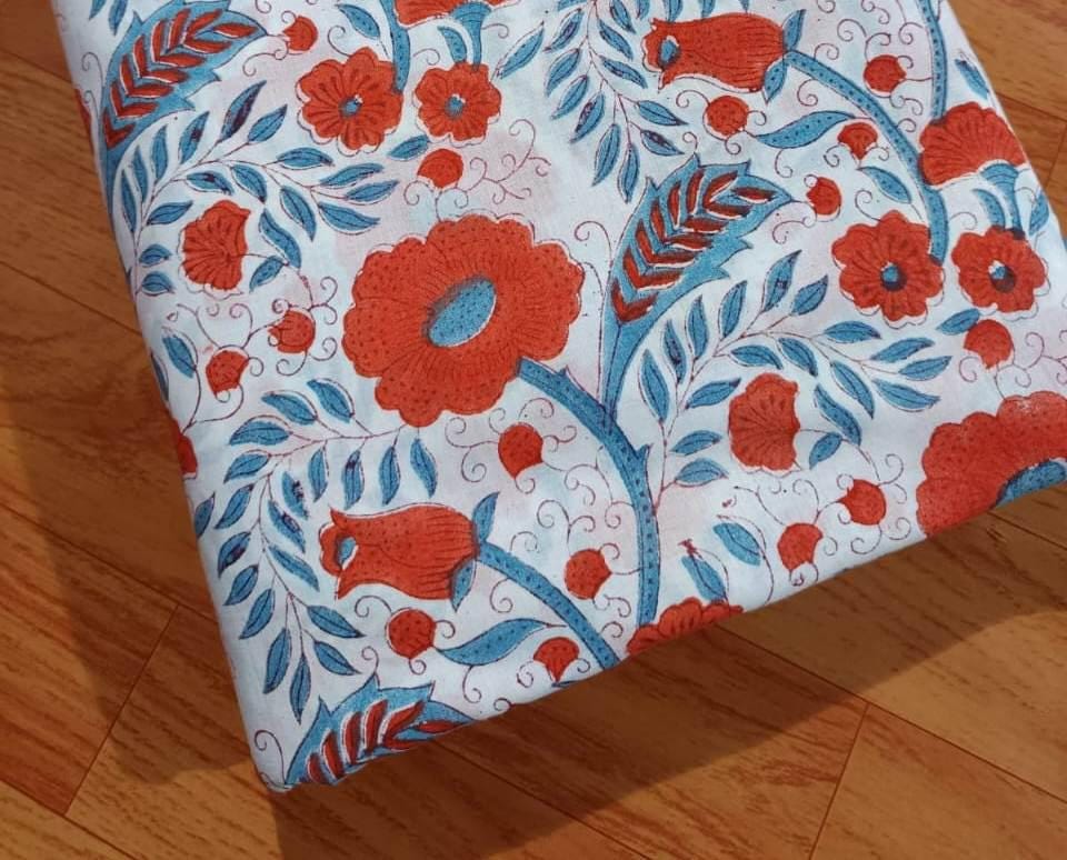 Red Blue Floral Cotton Fabric | Hand Block Print Fabric by Yard | Soft Cotton for Quilting, Dressmaking | Home Decor Fabric | Running Fabric
