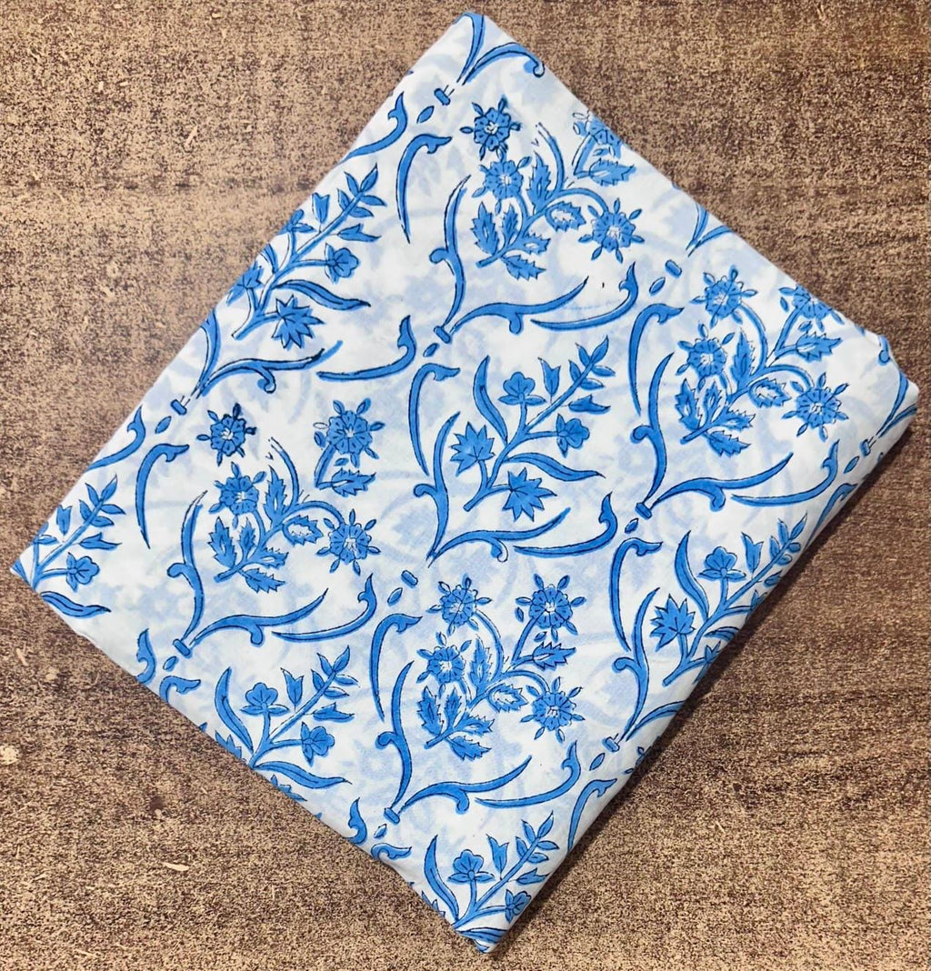 Blue Floral Cotton Fabric by the Yard | Hand Block Print Indian Cotton Fabric for Sewing, Quilting & Dressmaking | Printed Loose Fabric