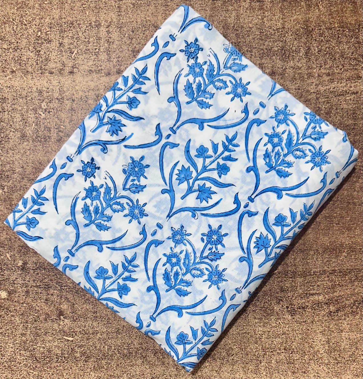 Blue Floral Cotton Fabric by the Yard | Hand Block Print Indian Cotton Fabric for Sewing, Quilting & Dressmaking | Printed Loose Fabric