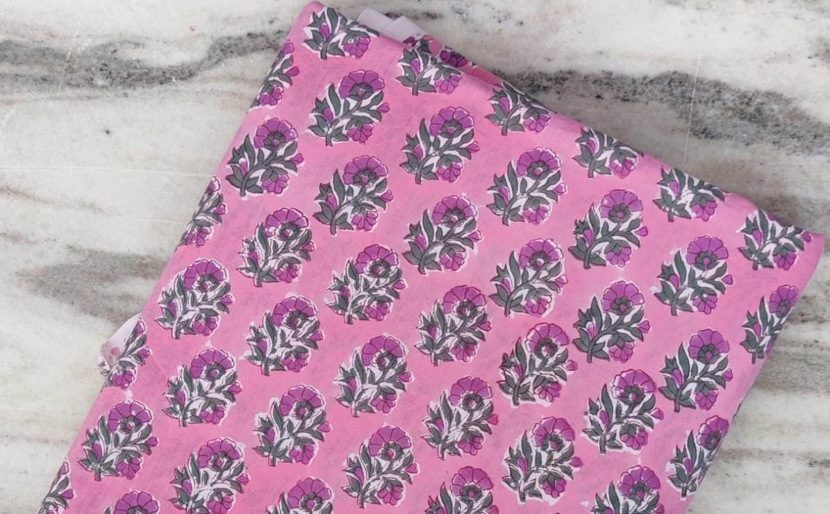 Pink Floral Cotton Fabric by the Yard, Purple Flower Block Print Fabric, Sewing, Quilting, Dressmaking, Craft Fabric, Loose Running Fabric