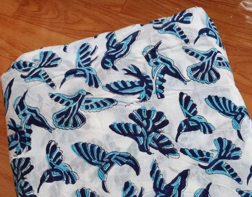 Blue Bird Cotton Fabric by the Yard, Hand Block Print Fabric, Indian Soft Cotton Material for Sewing, Quilting, Dressmaking Textile Fabrics