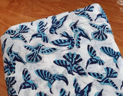 Blue Bird Cotton Fabric by the Yard, Hand Block Print Fabric, Indian Soft Cotton Material for Sewing, Quilting, Dressmaking Textile Fabrics