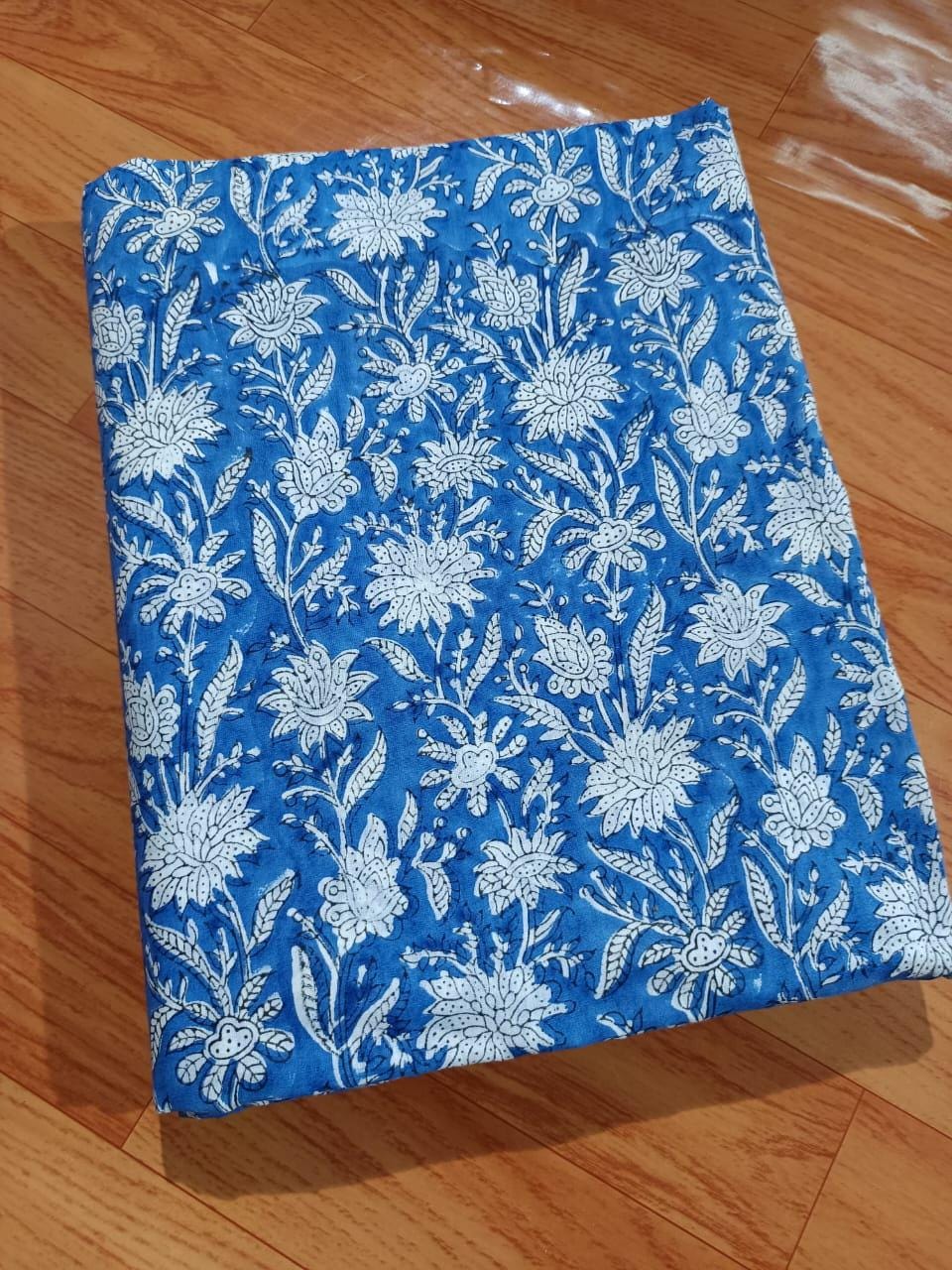 White Floral on Blue Cotton Fabric, Hand Block Print Indian Fabric by the Yard, Soft Pure Cotton Quilting, Sewing, Dressmaking, Home Decor