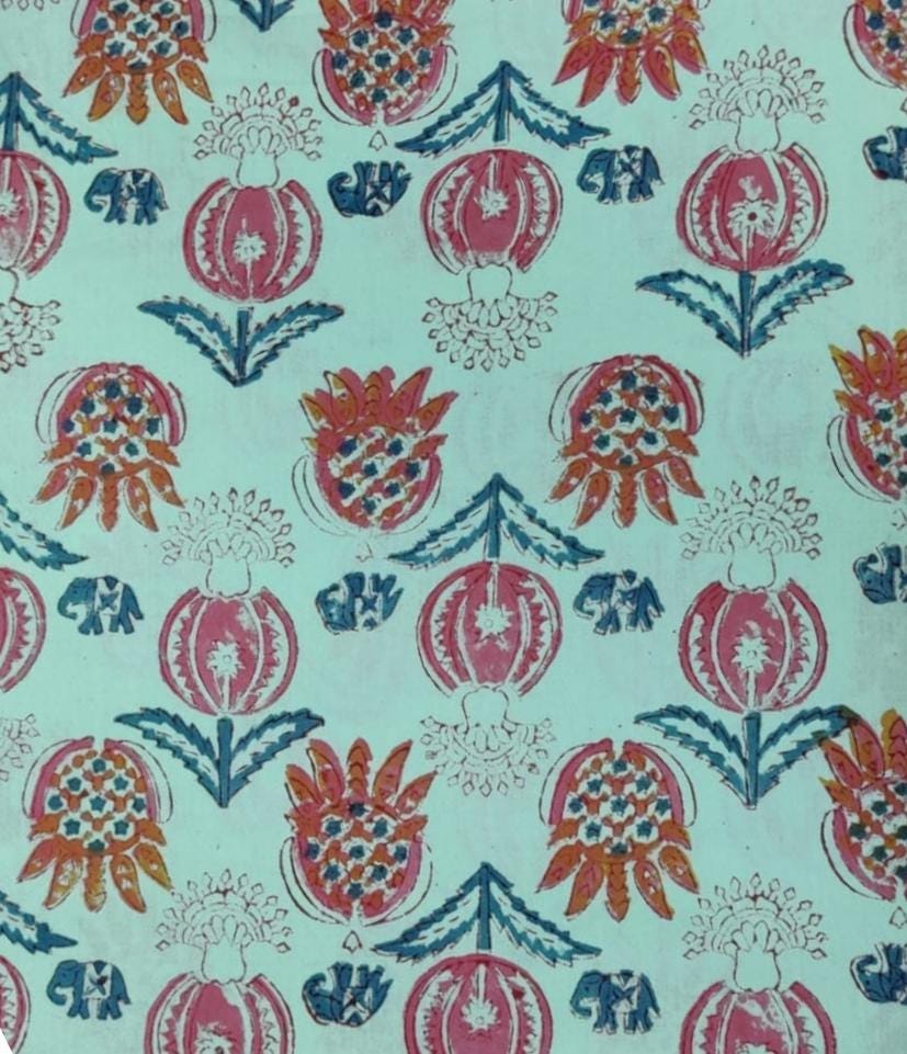 Mint Green Floral Cotton Fabric: Hand Block Print, Quilting & Sewing