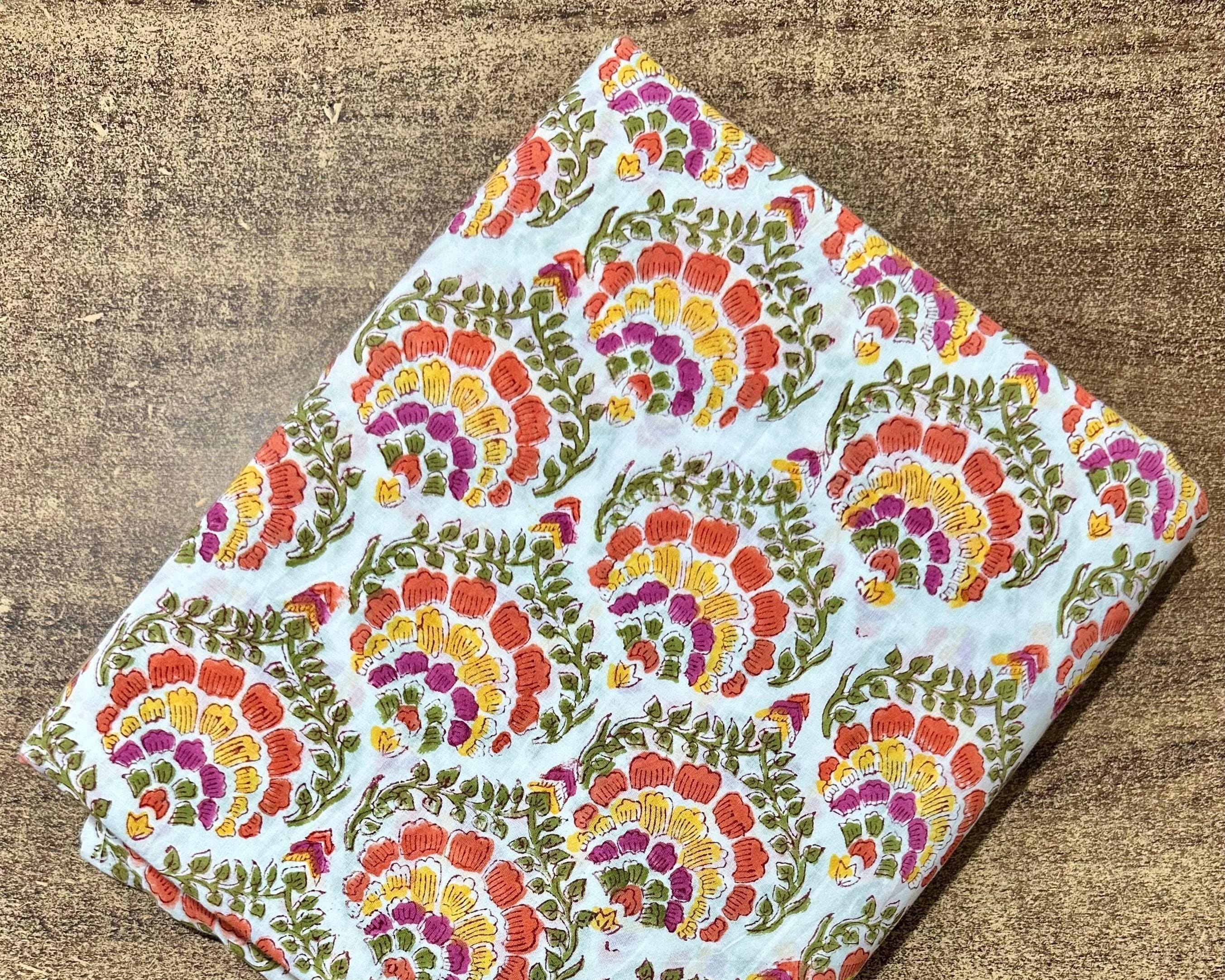 Sky Blue Hand Block Print Cotton Fabric, Floral Indian Cotton Fabric, Multicolor Printed Fabric by Yard, Sewing Quilting Dressmaking Fabric